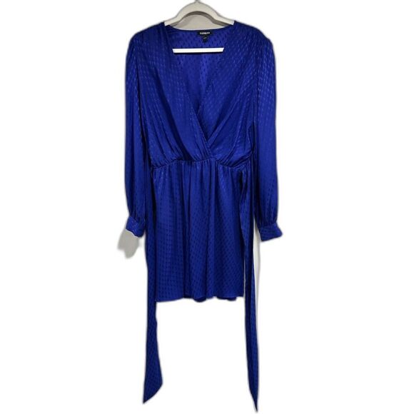 Express Jacquard Satin Tie-Waist Long Sleeve Mini Dress – Royal Blue L - Picture 2 of 7